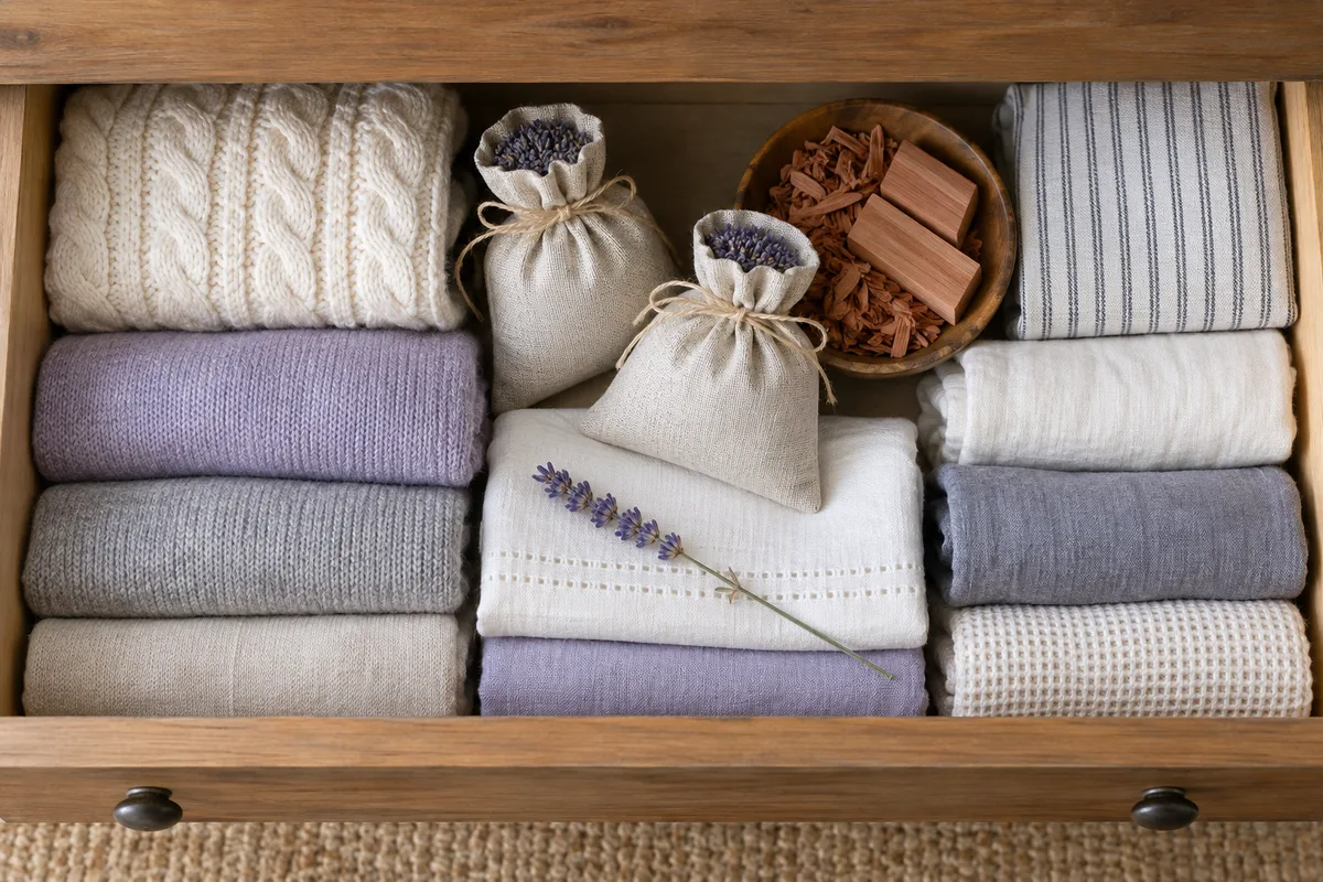Sachets de lavande et copeaux de cèdre posés dans un tiroir de linge