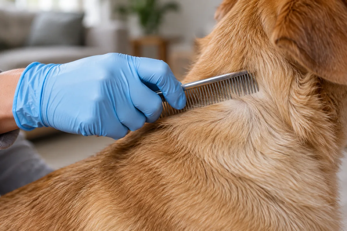 Main gantée passant un peigne fin dans le pelage d&rsquo;un chien