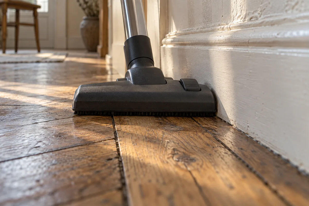 Aspirateur passant sur un parquet ancien le long d&rsquo;une plinthe