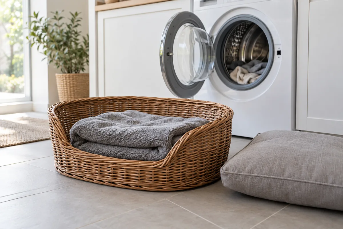 Panier pour animal et couverture pliés près d&rsquo;une machine à laver