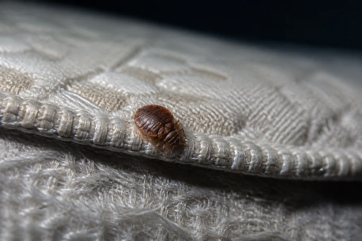 Punaise de lit adulte brun roux photographiée sur la couture d&rsquo;un matelas clair