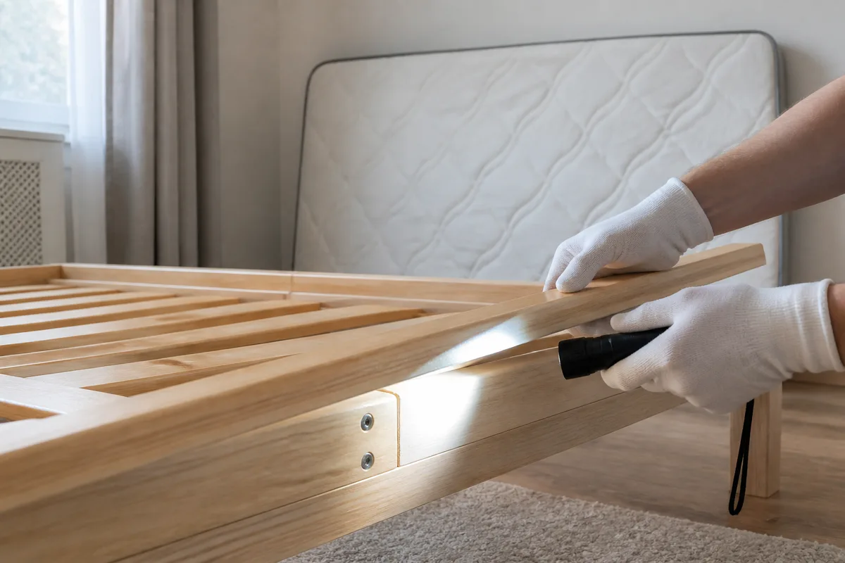 Inspection de la structure d un lit en bois à la lampe torche dans une chambre de jour