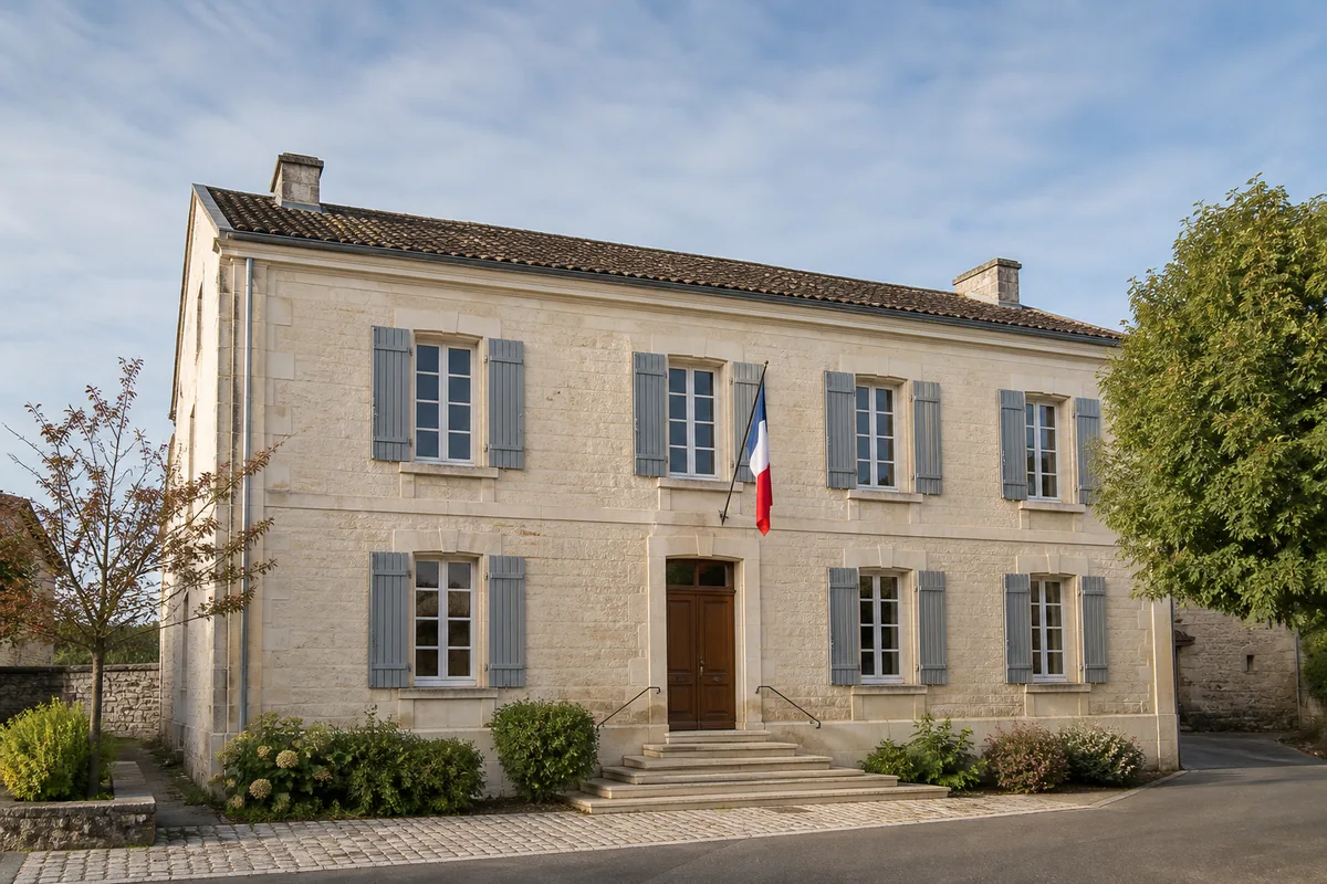 Facade d une mairie de village francaise avec son drapeau tricolore