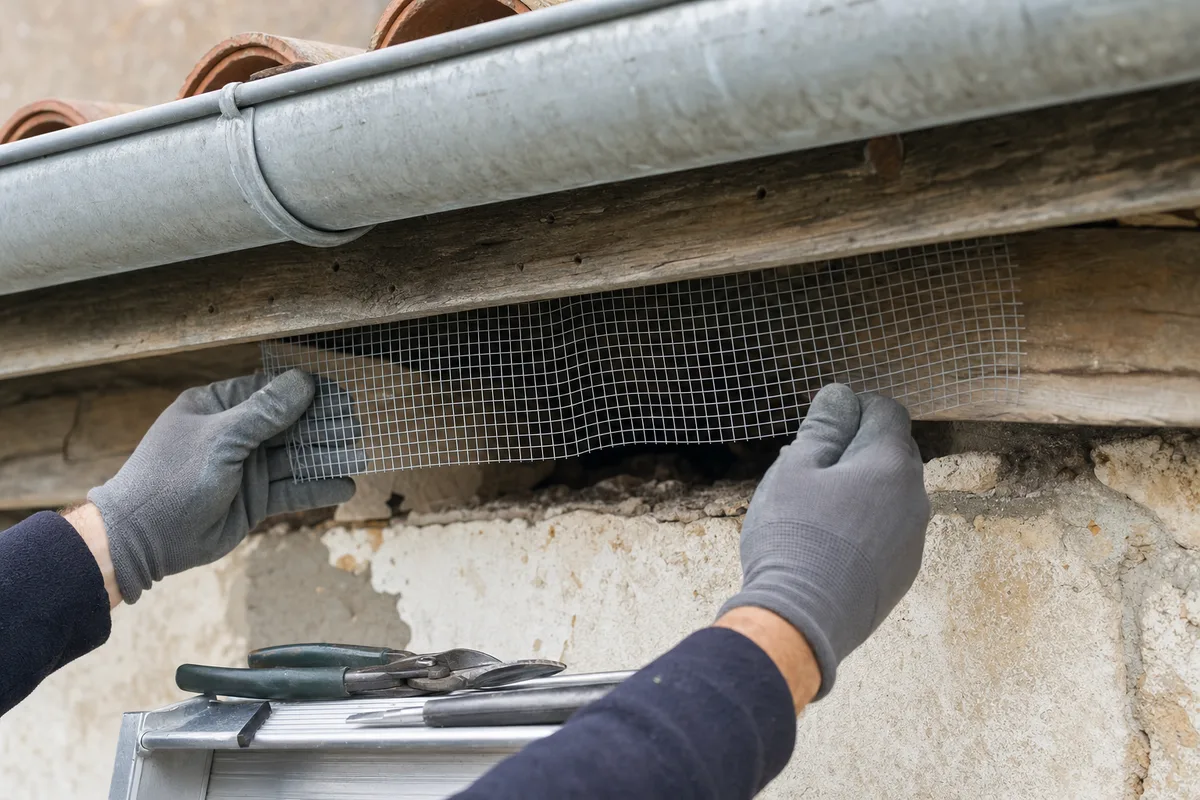 Mains gantées fixant un grillage galvanisé sous les tuiles d&rsquo;une toiture