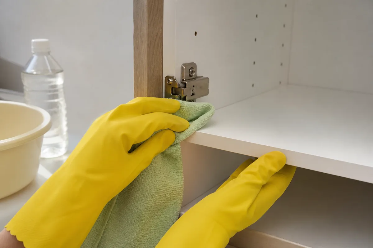 Mains gantées nettoyant les rainures d une étagère de cuisine au vinaigre blanc