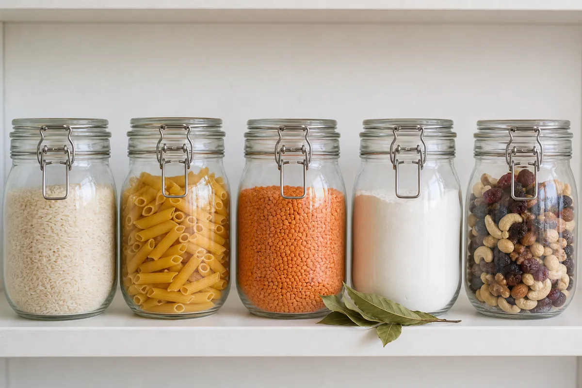 Bocaux en verre hermétiques alignés sur une étagère avec riz pâtes et fruits secs